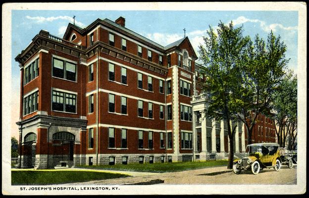 St. Joseph's Hospital. [Same Print As No. 96 Except This Card Shows Automobiles Instead of Horse-drawn Carriages.]