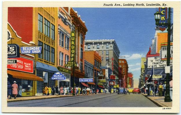 Fourth Ave., Looking North. [Readmore Card Shop, Blue Boar Cafeteria, Burgdorf Rugs & Furniture, The Cake Box.]
