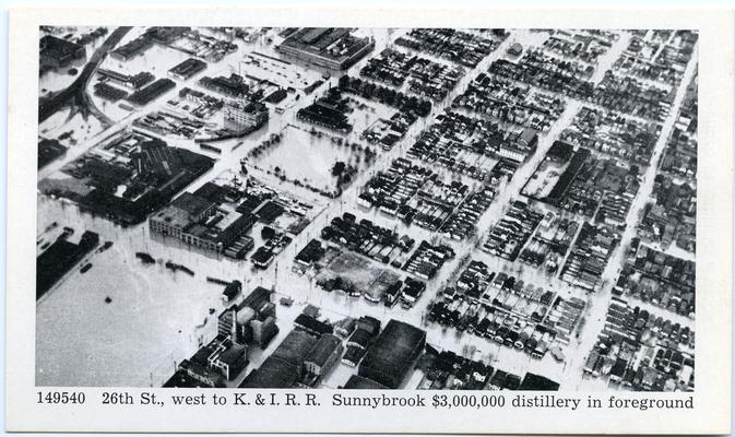 Souvenir Post Cards, Louisville Flood Scenes, January, 1937. 26th St., west to K. & I. R.R. Sunnybrook $3,000,000 distillery in foreground. 3 copies