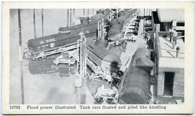 Souvenir Post Cards, Louisville Flood Scenes, January, 1937. Flood power illustrated. Tank cars floated and piled like kindling. 2 copies