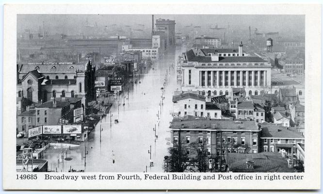 Souvenir Post Cards, Louisville Flood Scenes, January, 1937. Broadway west from Fourth, Federal Building and Post office in right center