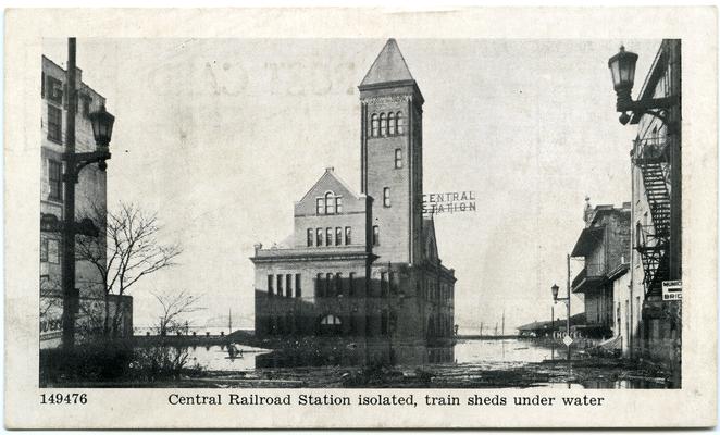 Souvenir Post Cards, Louisville Flood Scenes, January, 1937. Central Railroad Station isolated, train sheds under water