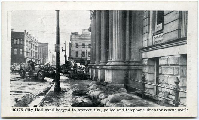 Souvenir Post Cards, Louisville Flood Scenes, January, 1937. City Hall sand-bagged to protect fire, police and telephone lines for rescue work