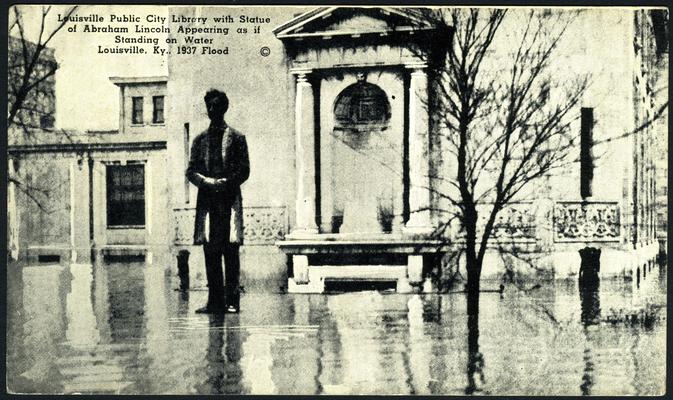 Louisville Public City Library with Statue of Abraham Lincoln Appearing as if Standing on Water. 1937 Flood