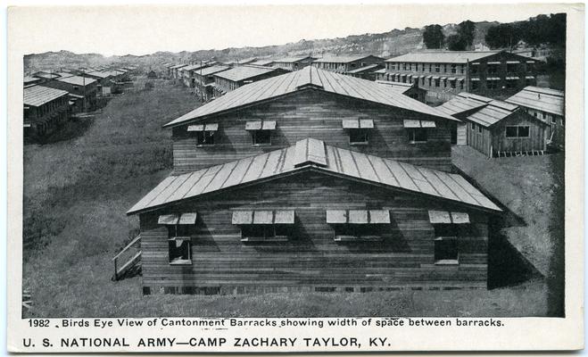 U.S. National Army - Camp Zachary Taylor. Birds Eye View of Cantonment Barracks showing width of space between barracks