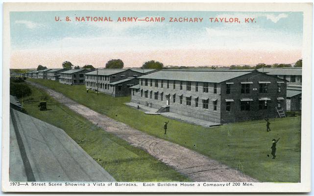 U.S. National Army - Camp Zachary Taylor. A Street Scene Showing a Vista of Barracks. Each Building House a Company of 200 Men