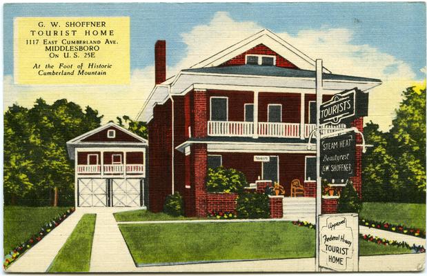 G.W. Shoffner Tourist Home - 1117 East Cumberland Ave., MIDDLESBORO, On U.S. 25E, At the Foot of Historic Cumberland Mountain. (Printed verso reads: 