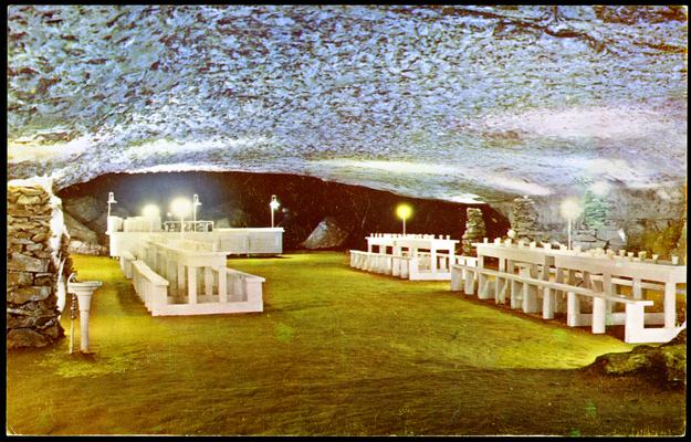 SNOWBALL DINING ROOM IN MAMMOTH CAVE. Gypsum crystals, which resemble snowballs, cover the ceiling of this dining room, 267 feet underground. Air conditioned by nature, the temperature never varies from 54 degrees Fahreneheit.