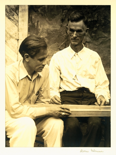 John Jacob Niles seated with older man, holding dulcimer.  JJN with Mr. Ritchie, Viper, Kentucky.  He was father of a large family, inc. folksinger Jean Ritchie