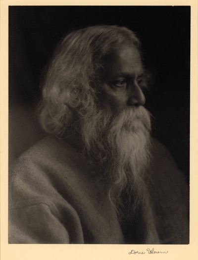 Rabindrinath Tagore.  Hindu Poet, Scholar, Artist, ca. 1920's.  Head shot of elderly, bearded man with long hair
