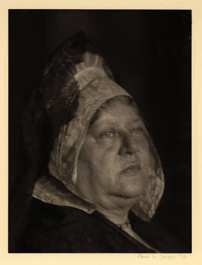 Head shot of woman in mantilla.  Ca. 1918-25
