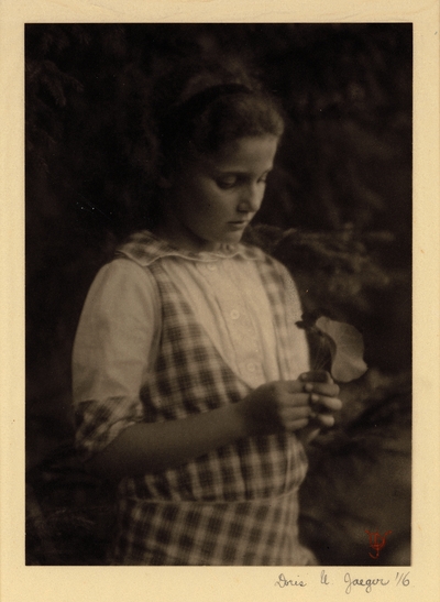 Evelyn Necarsulmer, 1916.  Girl with headband, standing in front of evergreen tree, holding leaves and looking down at them