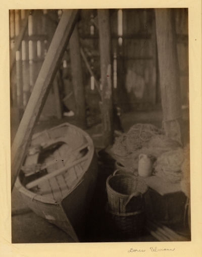South Carolina.  Rowboat, baskets, jug, and coils of rope sitting in shed