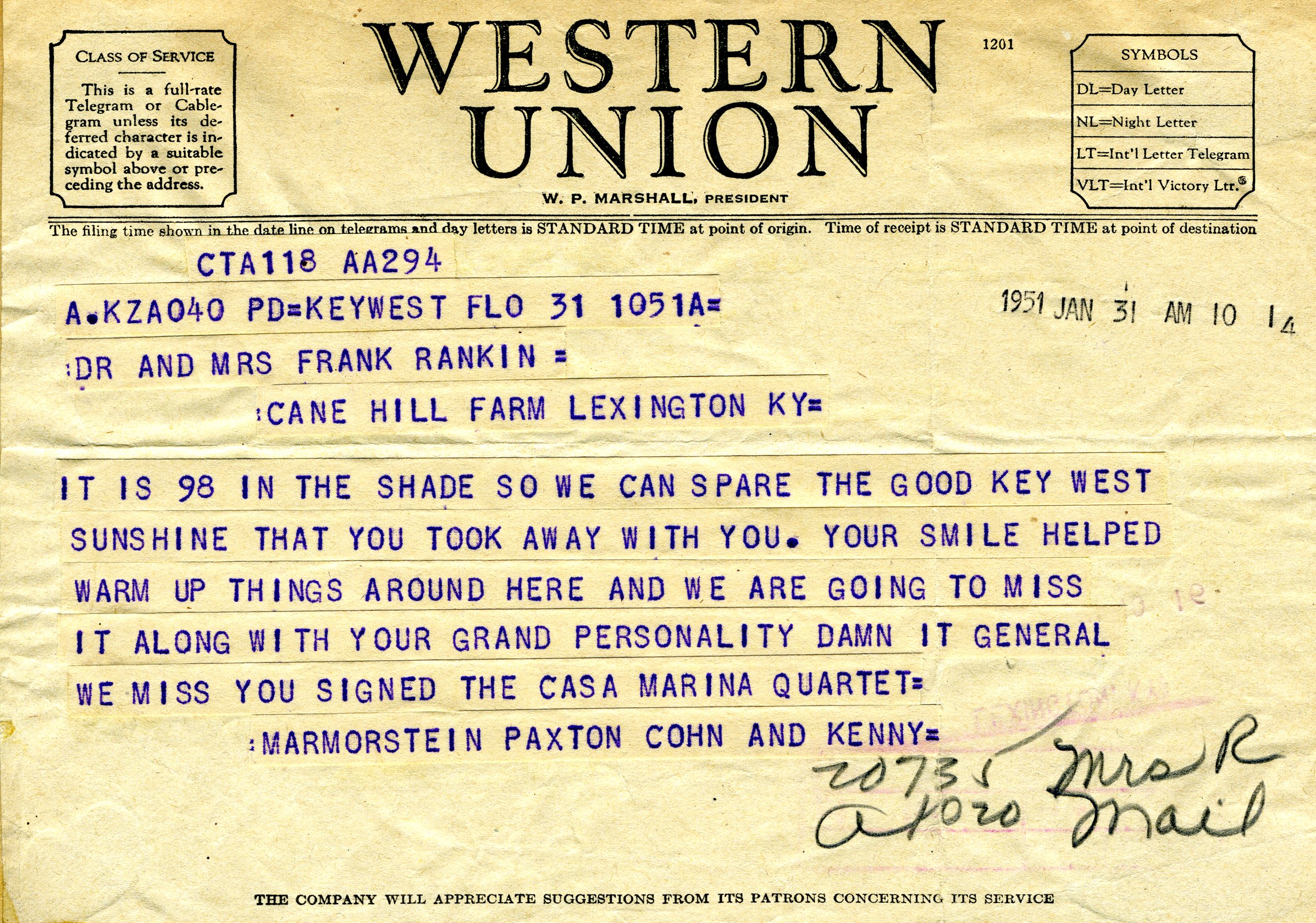 Western Union telegram from Marmorstein Paxton Cohn and Kenny, Key West,  Florida, to Dr. and Mrs. Frank [sic…