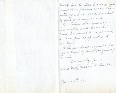 Letter from (Mrs. George A.) Jessie P. Herndon, to Fred W.                                 Rankin, M.D., congratulating him on his election as President-Elect                                 of the American Medical Association, as well as on his faculty                                 appointment at the University of Louisville. She informs him that                                 her husband, Dr. Herndon, 