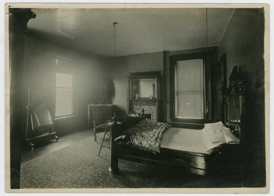 Lexington Kentucky- Linda Neville's home: This photograph presumably was taken between 1900 and 1908. N.E. (front) upper bedroom, 2nd floor. On that bed (in the old house) on April 24, 1886, my mother, Mary Payne Neville, died. On this side (near the photograph) my sister, Mary Neville, died (in this room) October 11, 1951. -Linda Neville, 1953. The bed is right in the same place