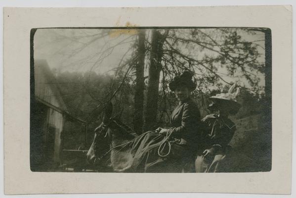 Linda Neville at work for the Mountain Fund, riding a mule