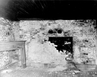 Interior view of the kitchen fireplace of the Ephraim McDowell House prior to renovation by the WPA. Photos by the WPA with handwritten description on back of photo. 8x10