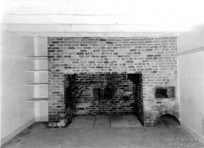 Interior view of the dining room fireplace of the Ephraim McDowell House after renovation by the WPA. Photos by the WPA with handwritten description on back of photo. 8x10