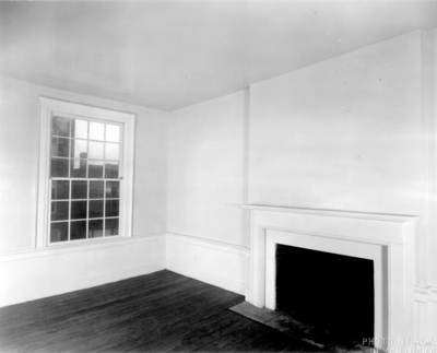 Interior view of the bedroom above the parlor of the Ephraim McDowell House after renovation by the WPA. Photos by the WPA with handwritten description on back of photo. 8x10