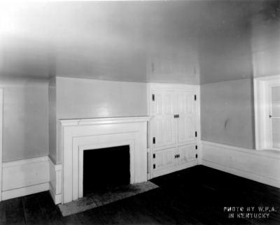 Interior view of the bedroom above the dinging room of the Ephraim McDowell House after renovation by the WPA. Photos by the WPA with handwritten description on back of photo. 8x10