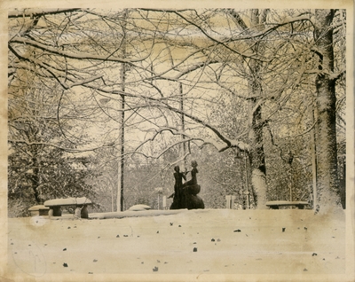 Gratz Park, Lexington Kentucky, fountain scene in winter. Sliver Print 8x10