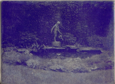 Newspaper photographic cutting plate of the Bullock's garden fountain scene.  The fountain sculpture was made by Dr. Bullock and was modeled after Rosa Tucker, the daughter of their neighbor, Harry Tucker. Cutting Plate 3x4