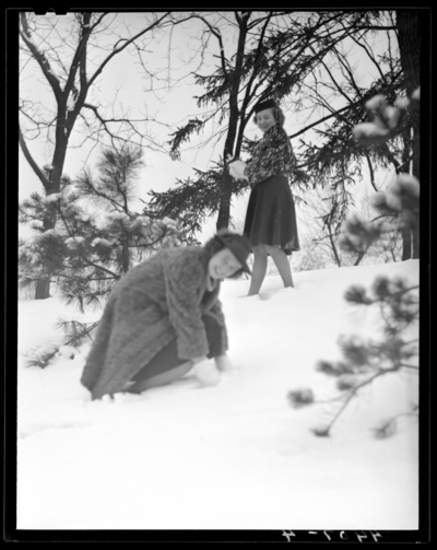 Campus views (1940 Kentuckian) (University of Kentucky); two                             women playing in the snow