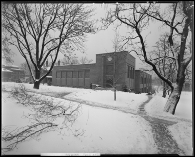 Law Building (1940 Kentuckian) (University of Kentucky); exterior                             view of building, snow covered