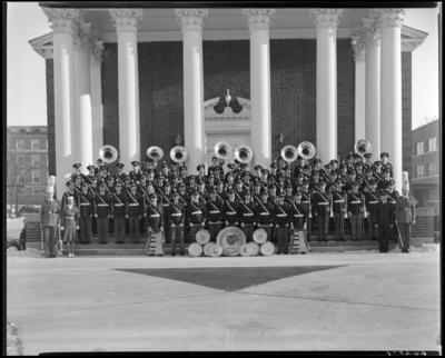 University of Kentucky Band; Concert & Marching (1940                             Kentuckian) (University of Kentucky); band group portrait in front of                             building