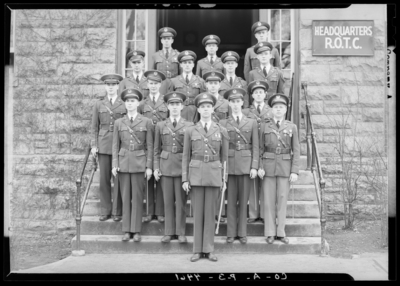 Company A, (1940 Kentuckian) (University of Kentucky); Company A                             group members, group portrait in front of the R.O.T.C. Headquarters                             building