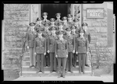 Company F (1940 Kentuckian) (University of Kentucky); Company F                             group members, group portrait in front of the R.O.T.C. Headquarters                             building
