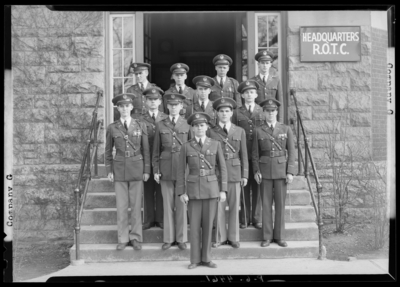 Company G (1940 Kentuckian) (University of Kentucky); Company G                             group members, group portrait in front of the R.O.T.C. Headquarters                             building