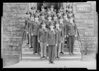 Company K (1940 Kentuckian) (University of Kentucky); Company K                             group members, group portrait in front of the R.O.T.C. Headquarters                             building