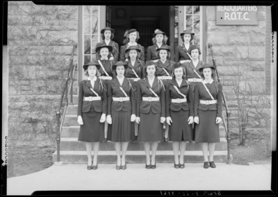 Sponsors, (1940 Kentuckian) (University of Kentucky); group                             portrait, women in uniform standing in front of the R.O.T.C.                             Headquarters building