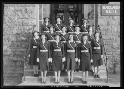 Sponsors, (1940 Kentuckian) (University of Kentucky); group                             portrait, women in uniform standing in front of the R.O.T.C.                             Headquarters building