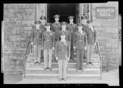 Regimental Staff, (1940 Kentuckian) (University of Kentucky);                             Regimental Staff members, group portrait in front of the R.O.T.C.                             Headquarters building