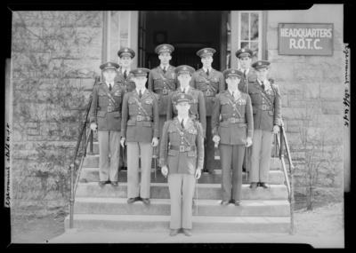 Regimental Staff, (1940 Kentuckian) (University of Kentucky);                             Regimental Staff members, group portrait in front of the R.O.T.C.                             Headquarters building