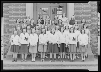 Pep club, North Middletown School; club members, group portrait                             in front of building