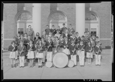 Band, Henry Clay High School, 701 East Main; band group portrait                             in front of building, members posing with their instruments