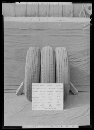 United States Tire Dealers; tire comparison, three tires standing                             side by side with a sign indicating tire specifications