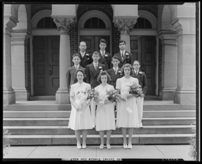 Adath Israel Temple, 130 North Ashland Avenue; exterior of                             temple, group portrait of teenage boys and girls in formal                             attire