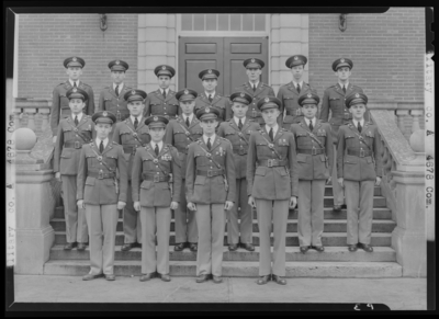 Military Company A, (1941 Kentuckian) (University of Kentucky);                             exterior library steps; group portrait of men in uniform
