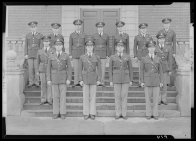 Military Company G, (1941 Kentuckian) (University of Kentucky);                             exterior library steps; group portrait of men in uniform