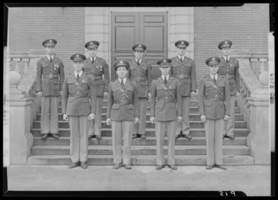 Military Company H, (1941 Kentuckian) (University of Kentucky);                             exterior library steps; group portrait of men in uniform