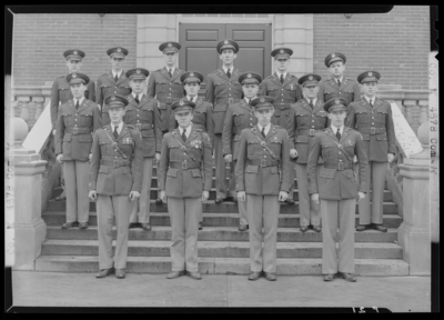 Military Company K, (1941 Kentuckian) (University of Kentucky);                             exterior library steps; group portrait of men in uniform