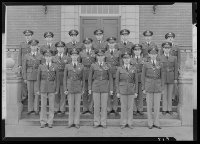 Military Company L, (1941 Kentuckian) (University of Kentucky);                             exterior library steps; group portrait of men in uniform