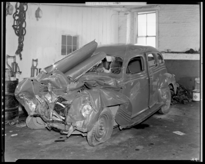 Whaley automobile accident, two damaged (wrecked) cars; OK                             Service Garage (575 West Main), interior; damaged (wrecked) car                             (vehicle), 