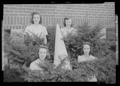 North Middletown High (School); exterior, four cheerleaders                             standing in the bushes