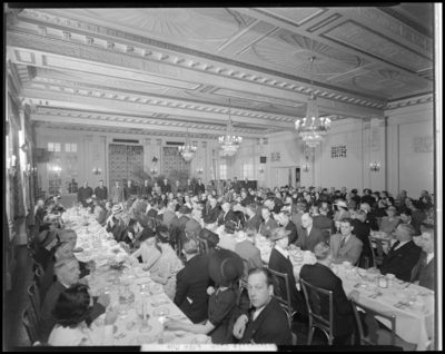 Bluegrass Automobile Club Banquet; Lafayette Hotel, interior;                             people sitting at banquet tables, group at the head table are                             standing